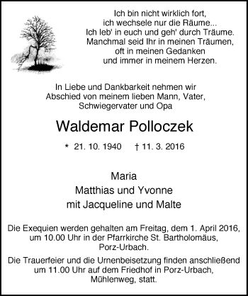 Anzeige von Waldemar Polloczek von  Kölner Wochenspiegel 