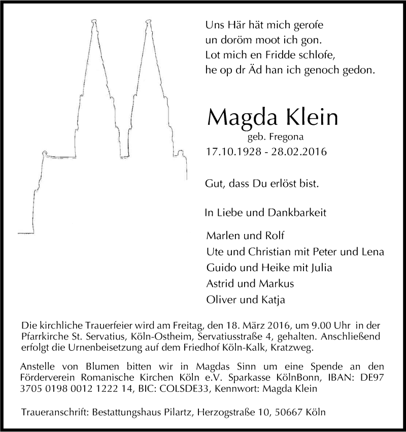  Traueranzeige für Magda Klein vom 12.03.2016 aus Kölner Stadt-Anzeiger / Kölnische Rundschau / Express
