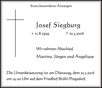 Anzeige von Josef Siegburg von  Schlossbote/Werbekurier 
