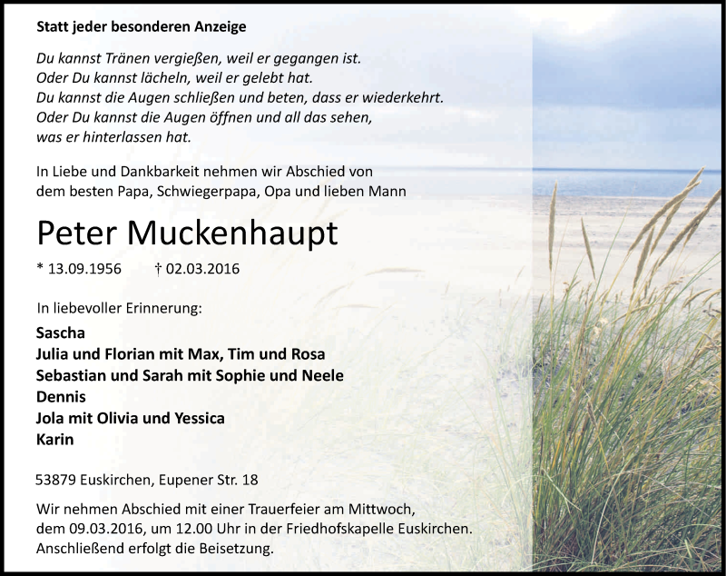  Traueranzeige für Peter Muckenhaupt vom 05.03.2016 aus Kölner Stadt-Anzeiger / Kölnische Rundschau / Express