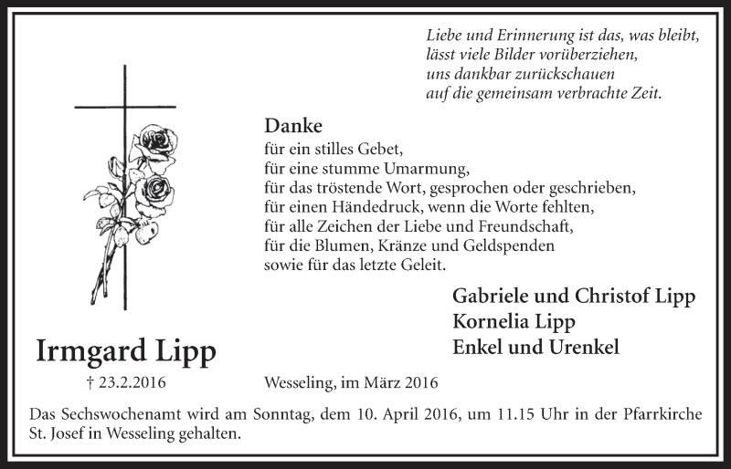  Traueranzeige für Irmgard Lipp vom 16.03.2016 aus  Schlossbote/Werbekurier 