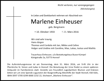 Anzeige von Marlene Einheuser von Kölner Stadt-Anzeiger / Kölnische Rundschau / Express