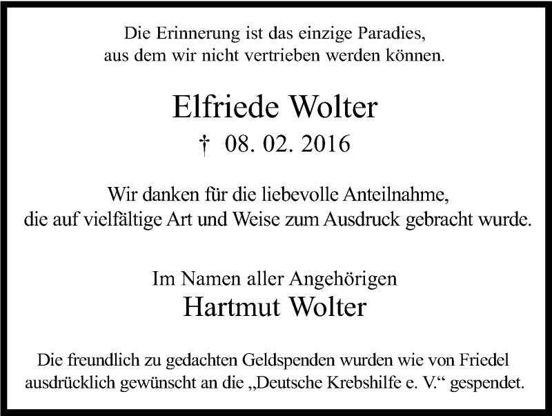  Traueranzeige für Elfriede Wolter vom 19.03.2016 aus Kölner Stadt-Anzeiger / Kölnische Rundschau / Express