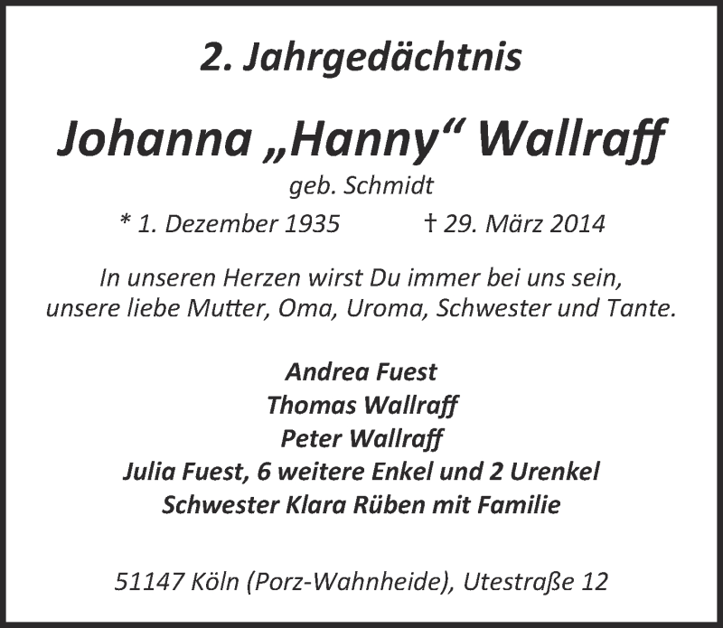  Traueranzeige für Johanna Wallraff vom 23.03.2016 aus  Kölner Wochenspiegel 