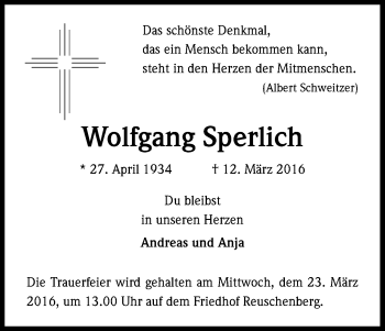 Anzeige von Wolfgang Sperlich von Kölner Stadt-Anzeiger / Kölnische Rundschau / Express