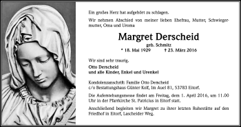 Anzeige von Margret Derscheid von Kölner Stadt-Anzeiger / Kölnische Rundschau / Express