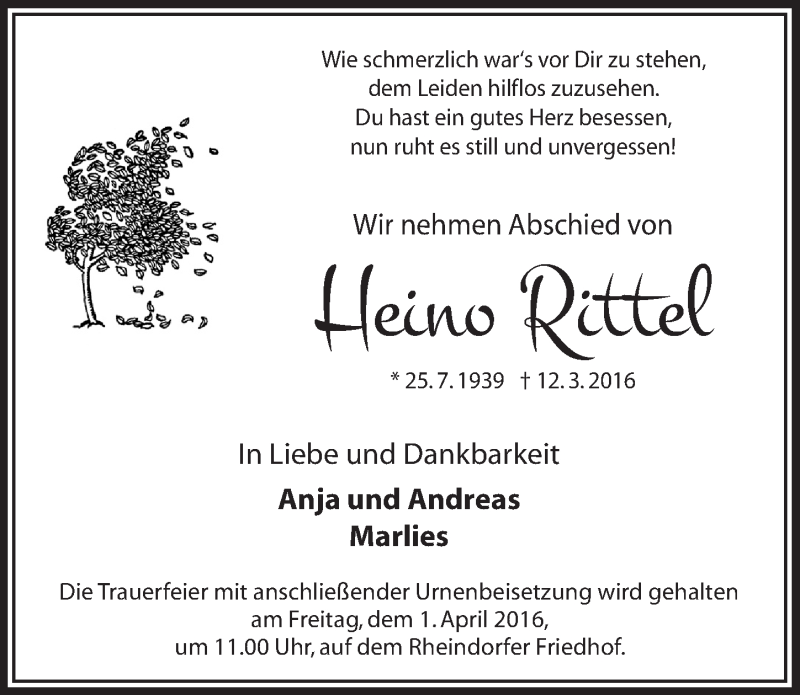  Traueranzeige für Heino Rittel vom 30.03.2016 aus  Lokale Informationen 