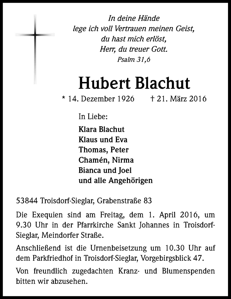  Traueranzeige für Hubert Blachut vom 26.03.2016 aus Kölner Stadt-Anzeiger / Kölnische Rundschau / Express