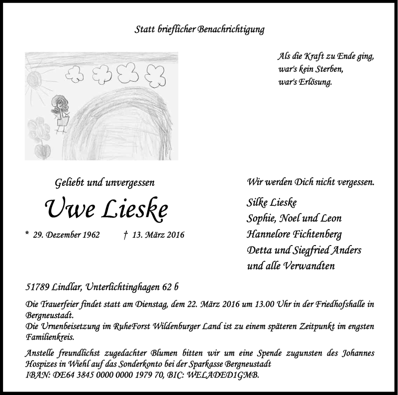  Traueranzeige für Uwe Lieske vom 17.03.2016 aus Kölner Stadt-Anzeiger / Kölnische Rundschau / Express