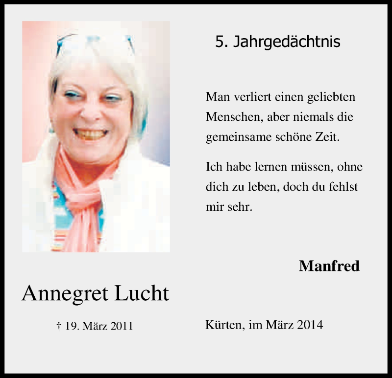  Traueranzeige für Annegret Lucht vom 19.03.2016 aus Kölner Stadt-Anzeiger / Kölnische Rundschau / Express