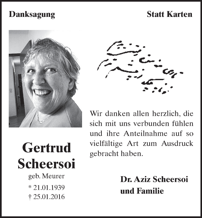  Traueranzeige für Gertrud Scheersoi vom 23.03.2016 aus  Schlossbote/Werbekurier 