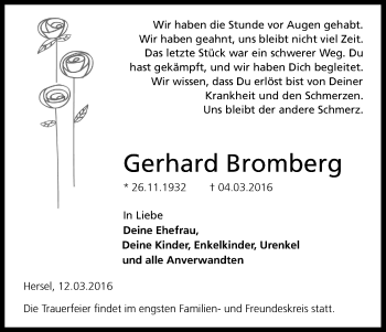 Anzeige von Gerhard Bromberg von Kölner Stadt-Anzeiger / Kölnische Rundschau / Express