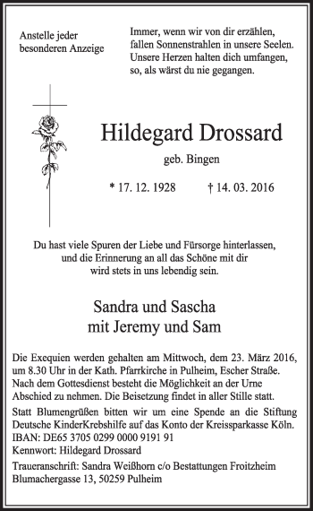 Anzeige von Hildegard Drossard von  Sonntags-Post 