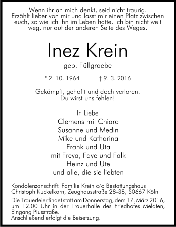 Anzeige von Inez Krein von Kölner Stadt-Anzeiger / Kölnische Rundschau / Express