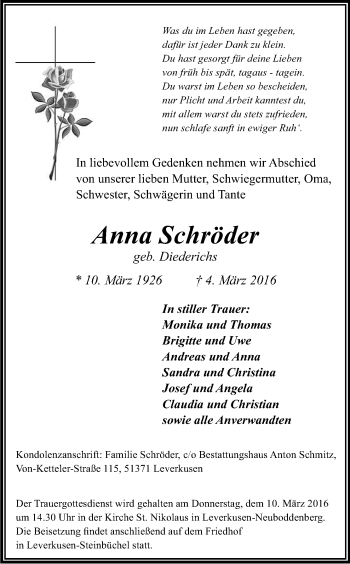 Anzeige von Anna Schröder von Kölner Stadt-Anzeiger / Kölnische Rundschau / Express