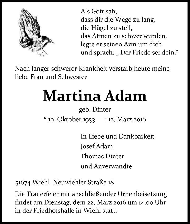  Traueranzeige für Martina Adam vom 17.03.2016 aus Kölner Stadt-Anzeiger / Kölnische Rundschau / Express
