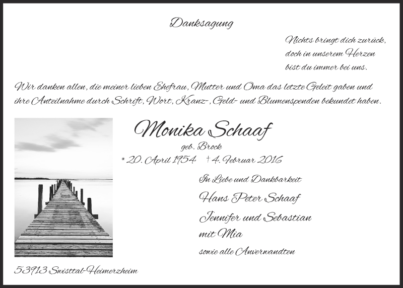  Traueranzeige für Monika Schaaf vom 02.03.2016 aus  Schaufenster/Blickpunkt 