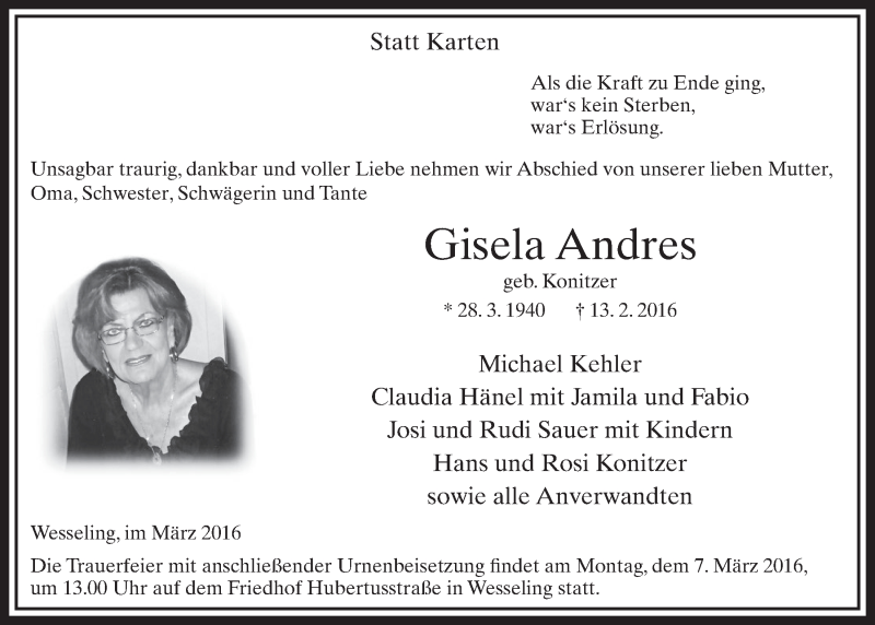  Traueranzeige für Gisela Andres vom 02.03.2016 aus  Schlossbote/Werbekurier 