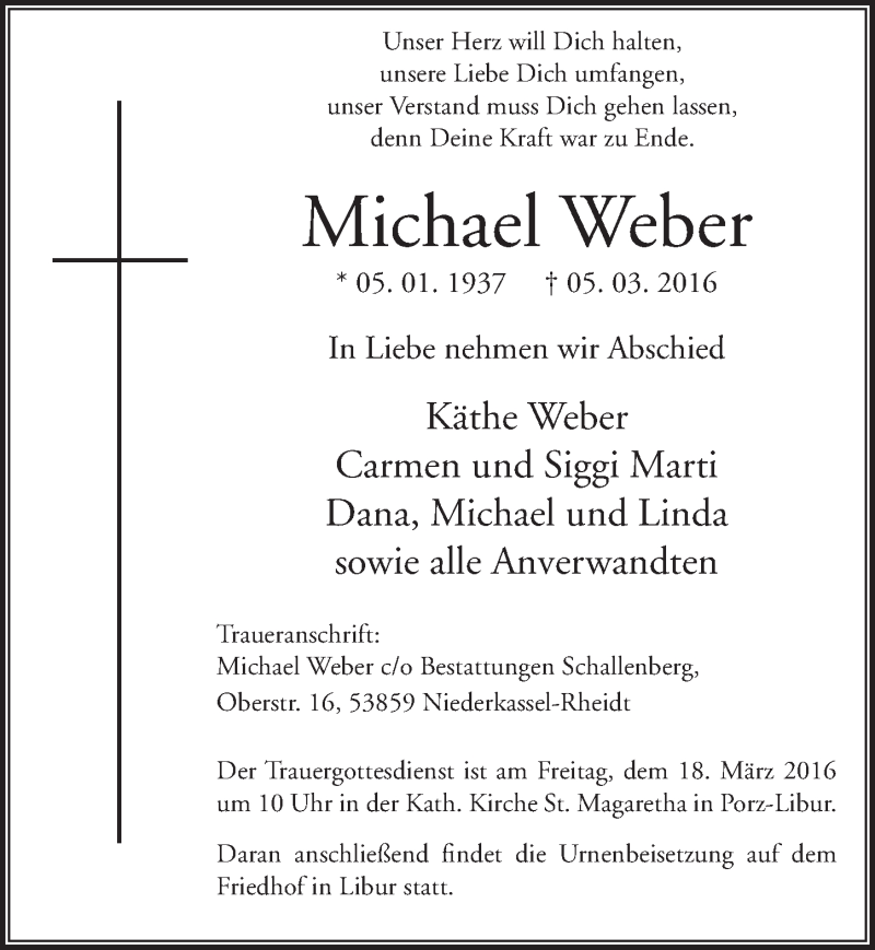  Traueranzeige für Michael Weber vom 12.03.2016 aus   Rhein-Sieg-Wochenende 