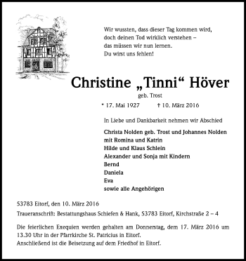 Anzeige von Christine Höver von Kölner Stadt-Anzeiger / Kölnische Rundschau / Express