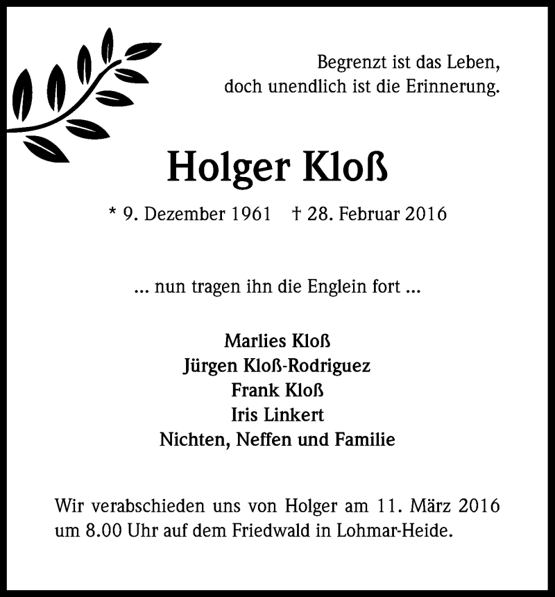  Traueranzeige für Holger Kloß vom 09.03.2016 aus Kölner Stadt-Anzeiger / Kölnische Rundschau / Express