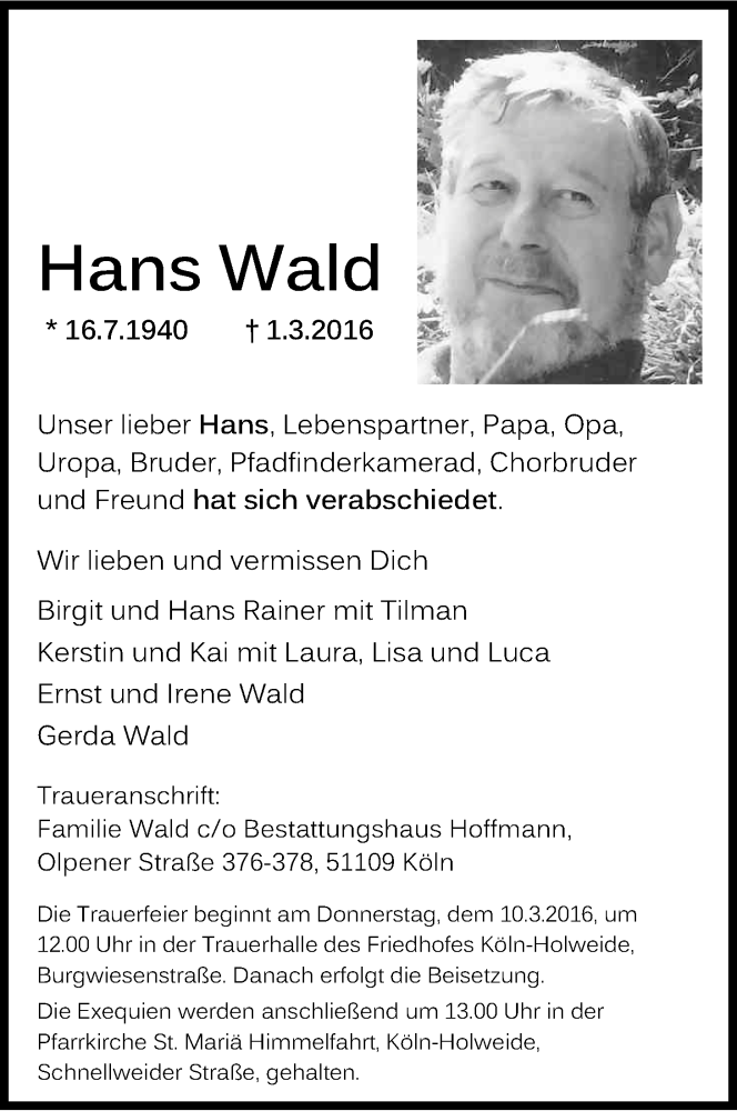  Traueranzeige für Hans Wald vom 05.03.2016 aus Kölner Stadt-Anzeiger / Kölnische Rundschau / Express