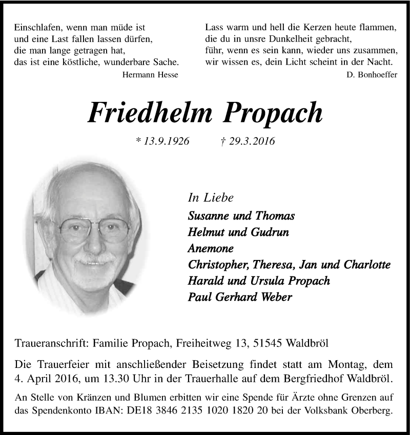  Traueranzeige für Friedhelm Propach vom 31.03.2016 aus Kölner Stadt-Anzeiger / Kölnische Rundschau / Express