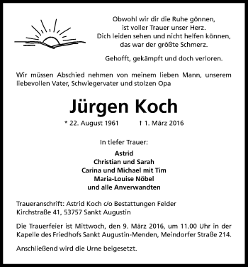 Anzeige von Jürgen Koch von Kölner Stadt-Anzeiger / Kölnische Rundschau / Express