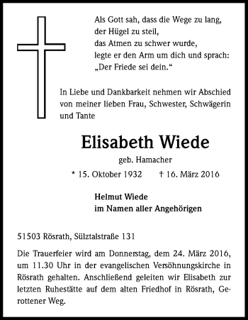 Anzeige von Elisabeth Wiede von Kölner Stadt-Anzeiger / Kölnische Rundschau / Express