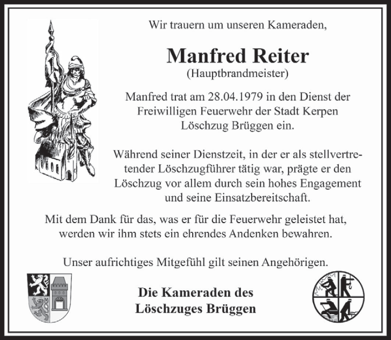  Traueranzeige für Manfred Reiter vom 23.03.2016 aus  Werbepost 