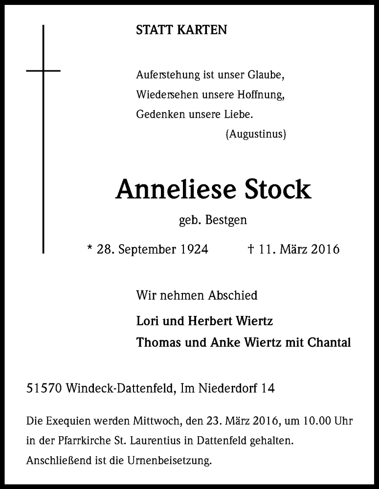  Traueranzeige für Anneliese Stock vom 19.03.2016 aus Kölner Stadt-Anzeiger / Kölnische Rundschau / Express