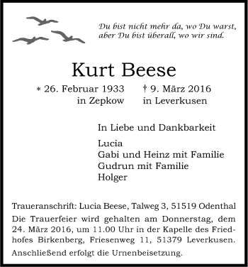 Anzeige von Kurt Beese von Kölner Stadt-Anzeiger / Kölnische Rundschau / Express