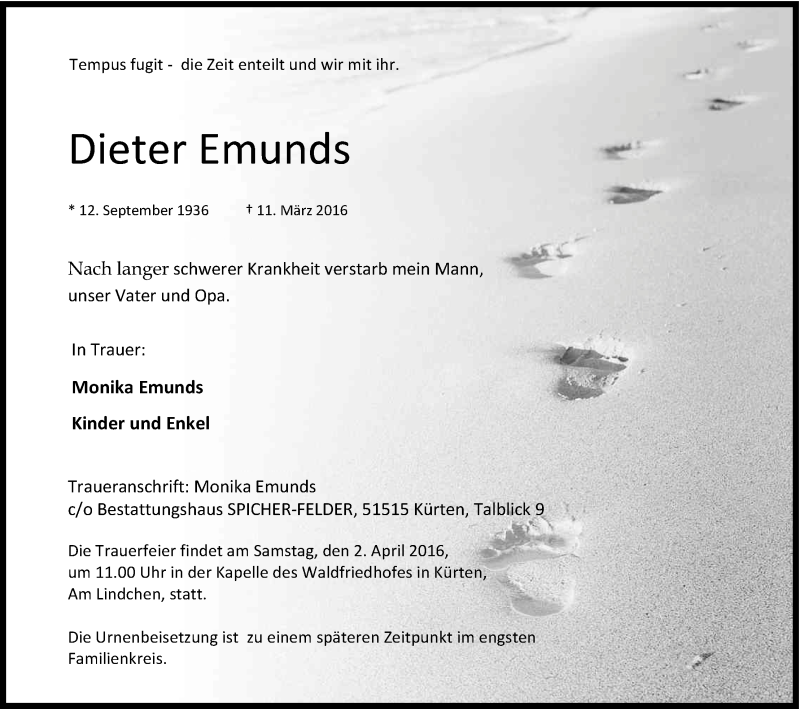  Traueranzeige für Dieter Emunds vom 26.03.2016 aus Kölner Stadt-Anzeiger / Kölnische Rundschau / Express