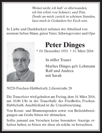 Anzeige von Peter Dinges von  Wochenende 