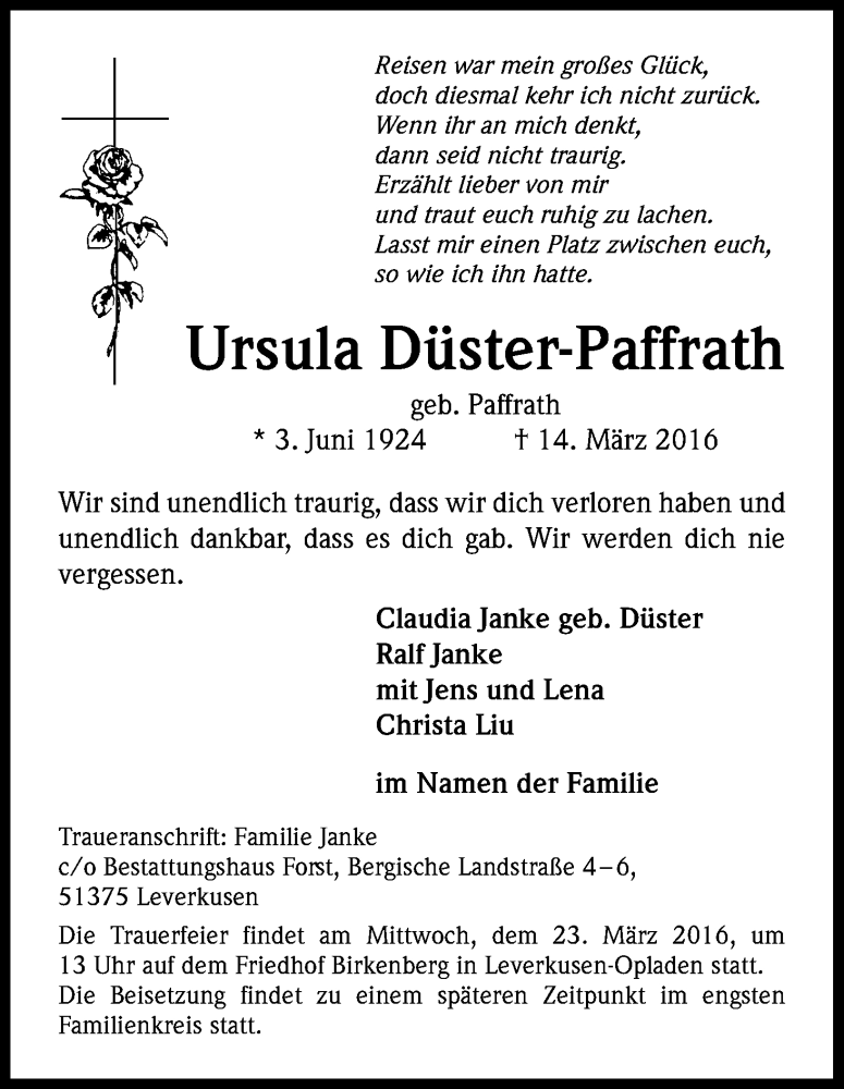 Traueranzeige für Ursula Düster-Paffrath vom 18.03.2016 aus Kölner Stadt-Anzeiger / Kölnische Rundschau / Express