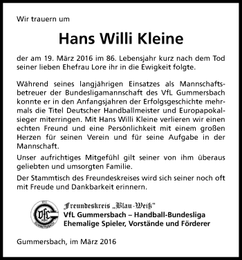 Anzeige von Hans Willi Kleine von Kölner Stadt-Anzeiger / Kölnische Rundschau / Express