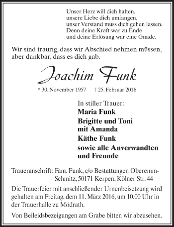 Anzeige von Joachim Funk von  Sonntags-Post 