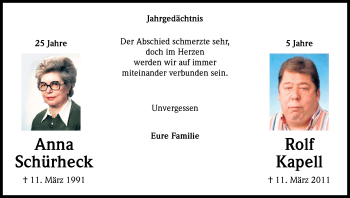 Anzeige von Jahrgedächtnis Schürheck und Kapell von Kölner Stadt-Anzeiger / Kölnische Rundschau / Express
