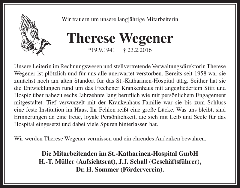  Traueranzeige für Therese Wegener vom 02.03.2016 aus  Wochenende 