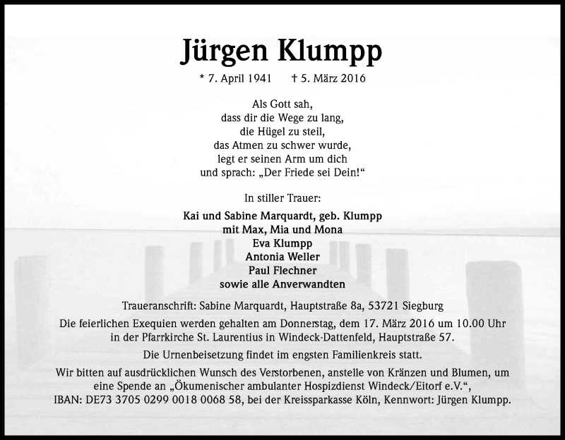  Traueranzeige für Jürgen Klumpp vom 12.03.2016 aus Kölner Stadt-Anzeiger / Kölnische Rundschau / Express