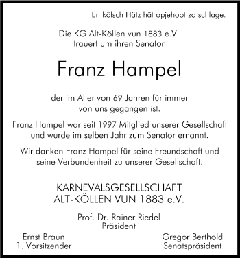Anzeige von Franz Hampel von Kölner Stadt-Anzeiger / Kölnische Rundschau / Express