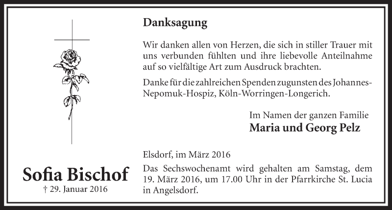  Traueranzeige für Sofia Bischof vom 12.03.2016 aus  Sonntags-Post 