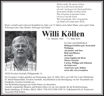 Anzeige von Willi Köllen von  Sonntags-Post 