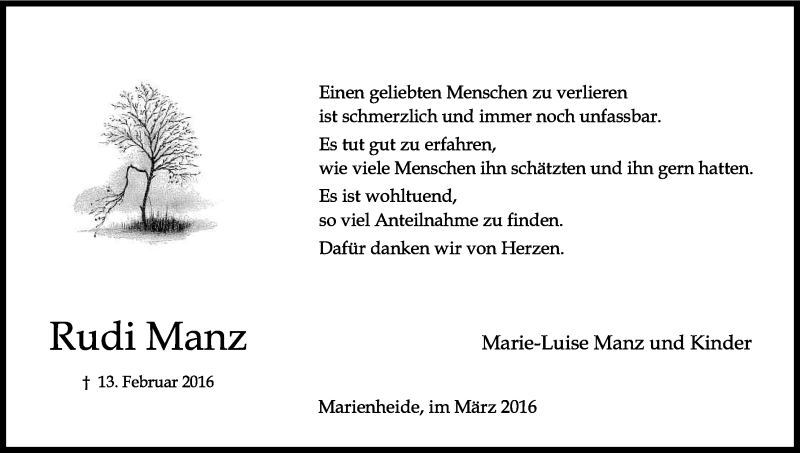  Traueranzeige für Rudi Manz vom 22.03.2016 aus Kölner Stadt-Anzeiger / Kölnische Rundschau / Express