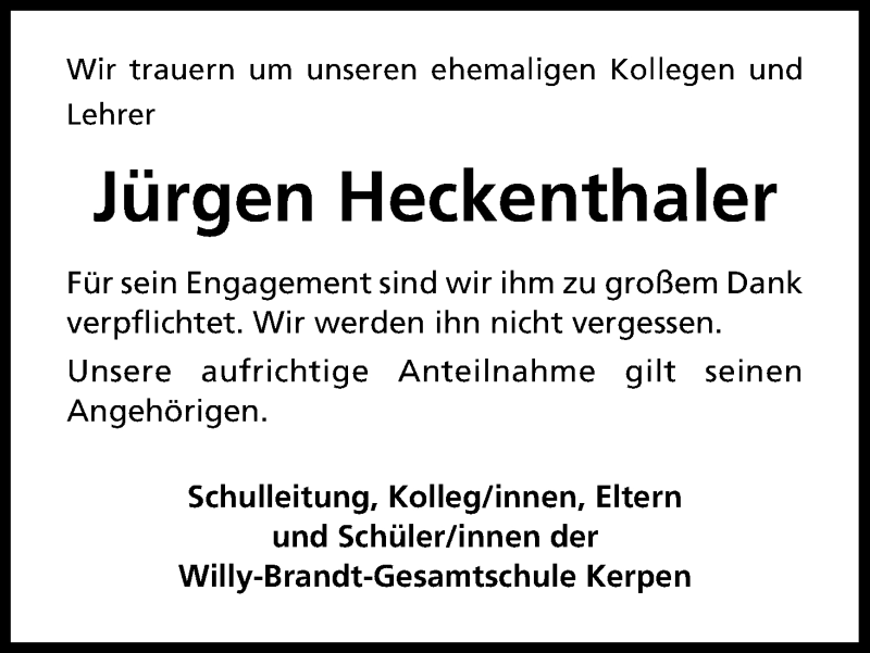  Traueranzeige für Jürgen Heckenthaler vom 07.03.2016 aus Kölner Stadt-Anzeiger / Kölnische Rundschau / Express