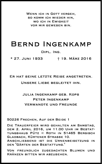 Anzeige von Bernd Ingenkamp von Kölner Stadt-Anzeiger / Kölnische Rundschau / Express