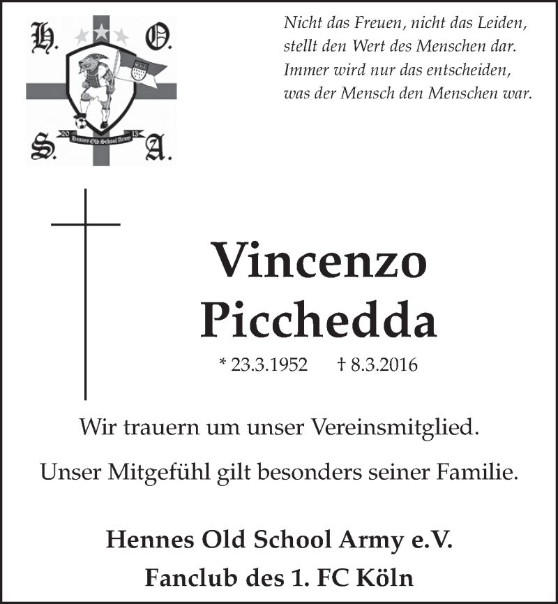 Traueranzeige für Vincenzo Picchedda vom 30.03.2016 aus  Schlossbote/Werbekurier 