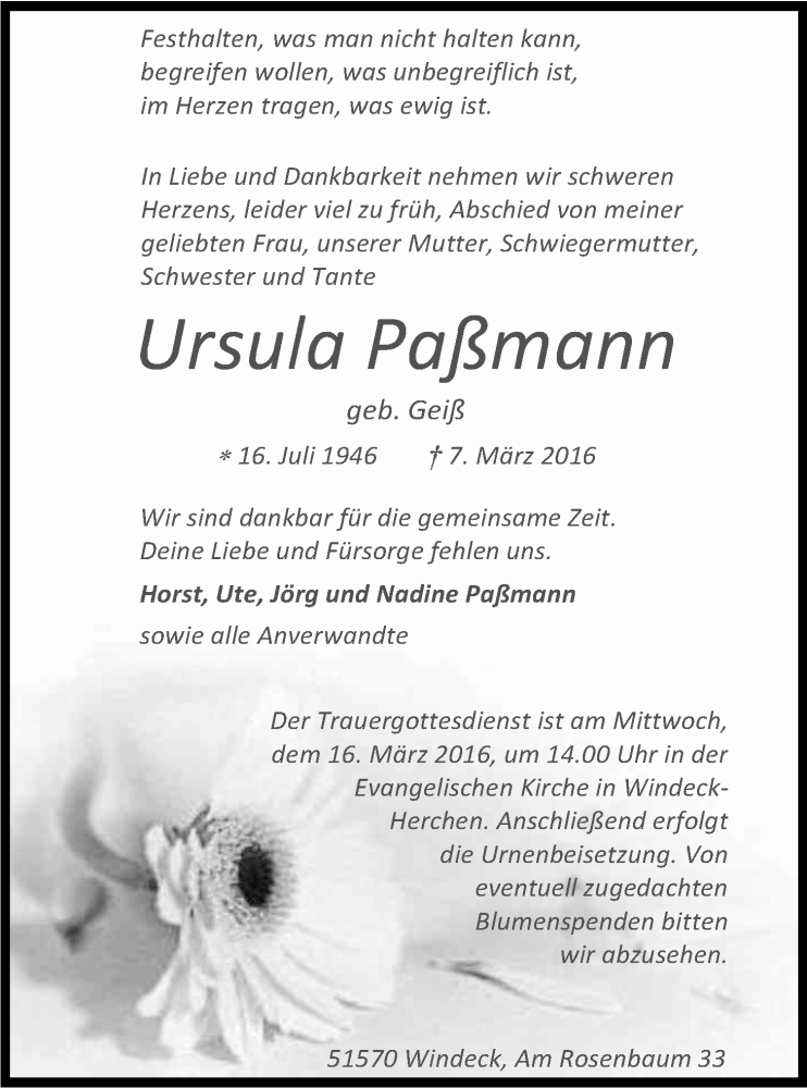  Traueranzeige für Ursula Paßmann vom 12.03.2016 aus Kölner Stadt-Anzeiger / Kölnische Rundschau / Express