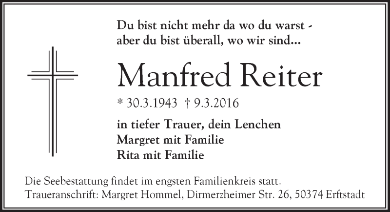  Traueranzeige für Manfred Reiter vom 23.03.2016 aus  Werbepost 