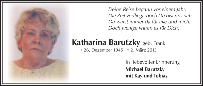  Traueranzeige für Katharina Barutzky vom 02.03.2016 aus  Bergisches Handelsblatt 